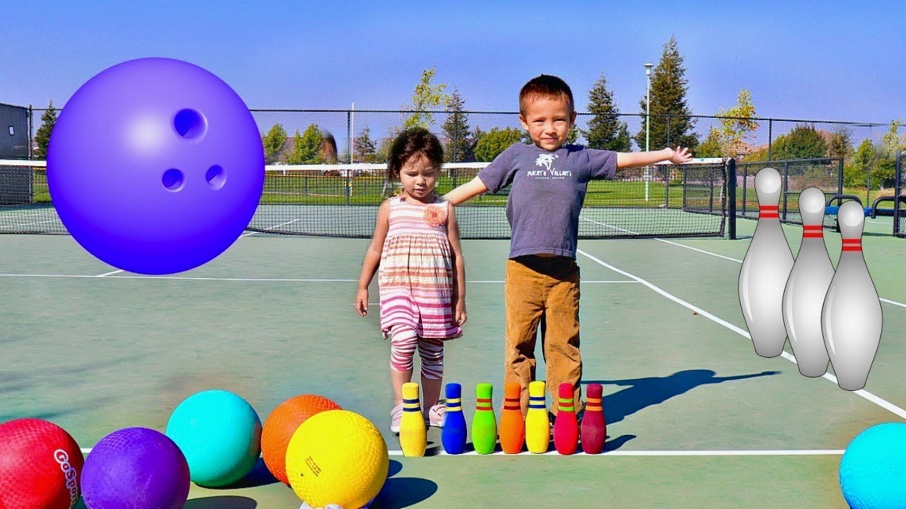 Playground Balls and Colored Bowling Pins for Children - Toddlers Learn Colors and Play Sport Toys