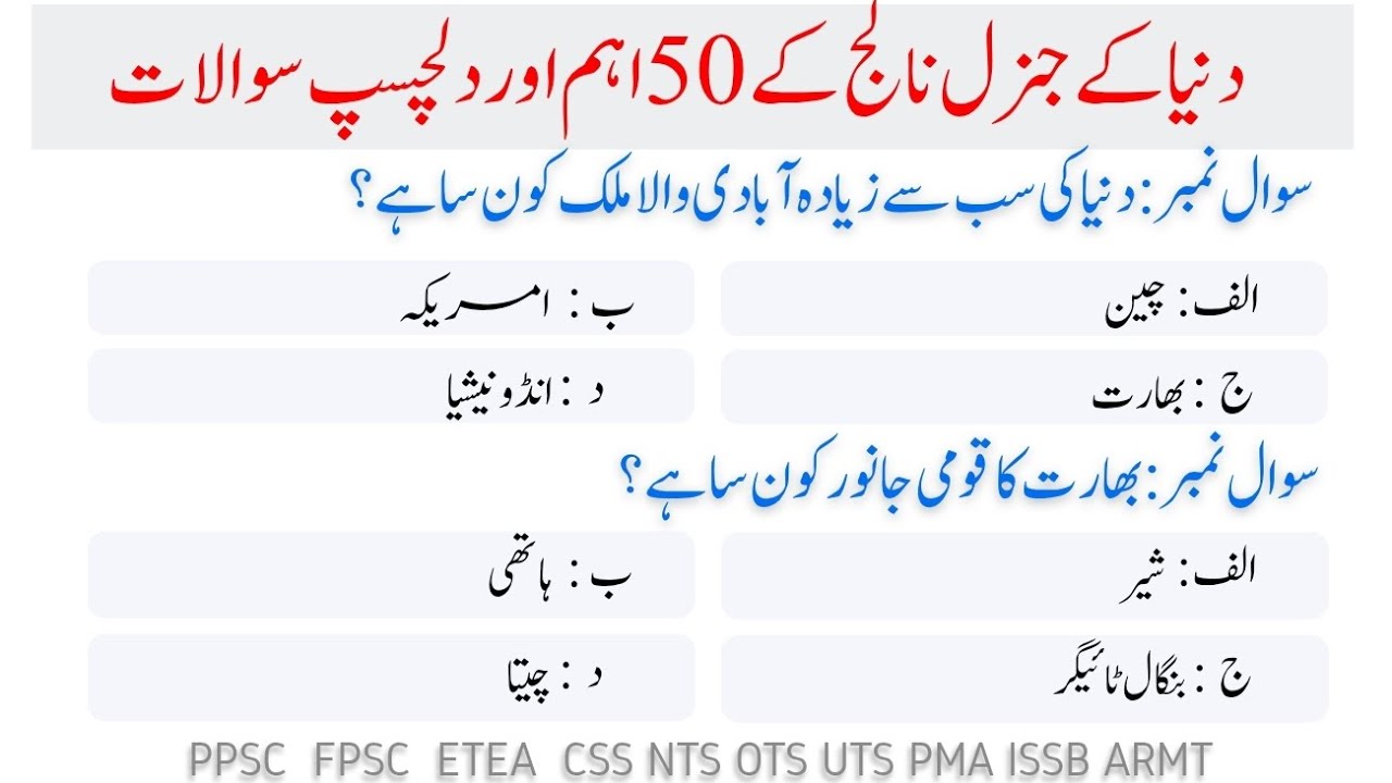 Pakistan & World General Knowledge | 50 Important Questions and Answers | Pakistan GK Quiz in Urdu