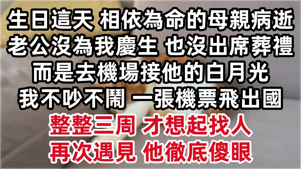 生日這天，相依為命的母親病逝，老公既沒為我慶生 也沒出席葬禮。而是去機場接他的白月光。我不吵不鬧 一張機票飛出國，整整三周才想起找我，再次遇見 他徹底傻眼。
