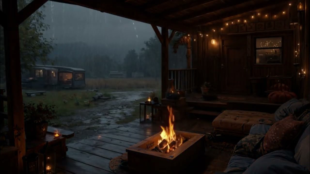 Rainy Camper Porch with String Lights & Firepit | 4K Seamless Night Ambience