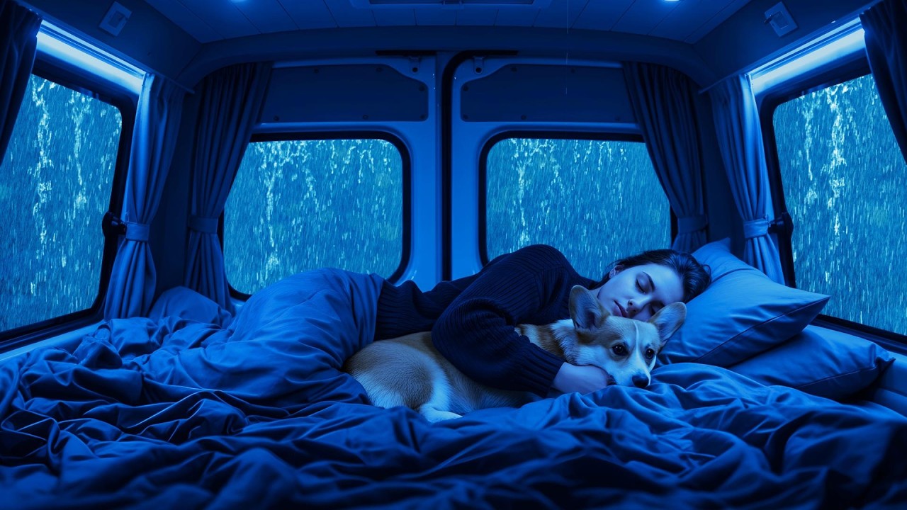 🌩️Soft Rain on Van Roof 🌧️🚐 Cozy Night Thunder for Sleep
