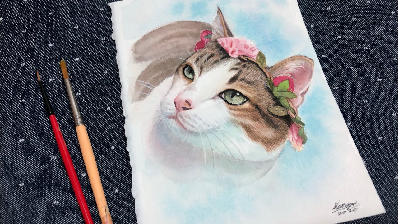 Speed painting cat watercolor | ขั้นตอนการลงสีน้ำน้องแมว|by Kanyow Studio