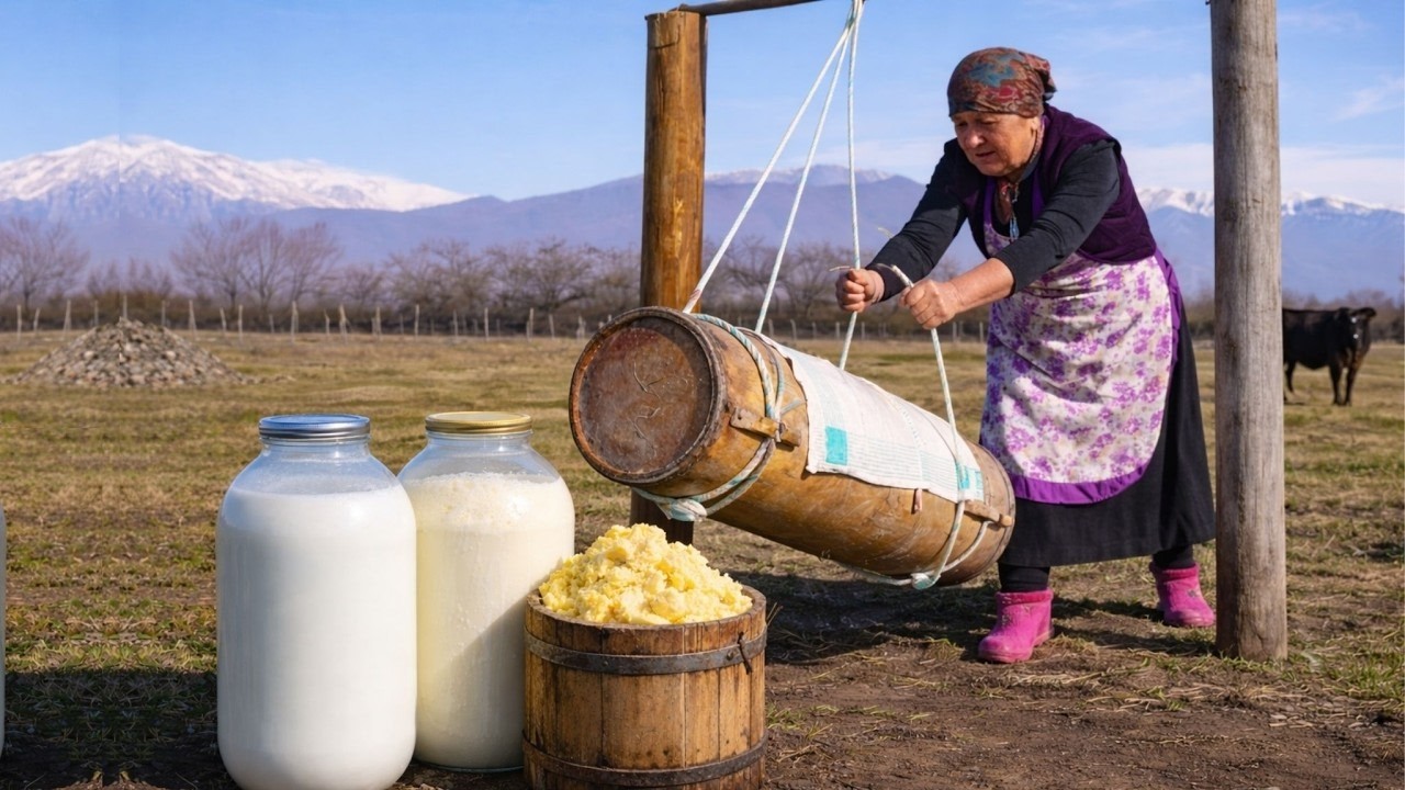 Traditional Azerbaijani Breakfast Live | Organic Butter Making at Home in Village Life