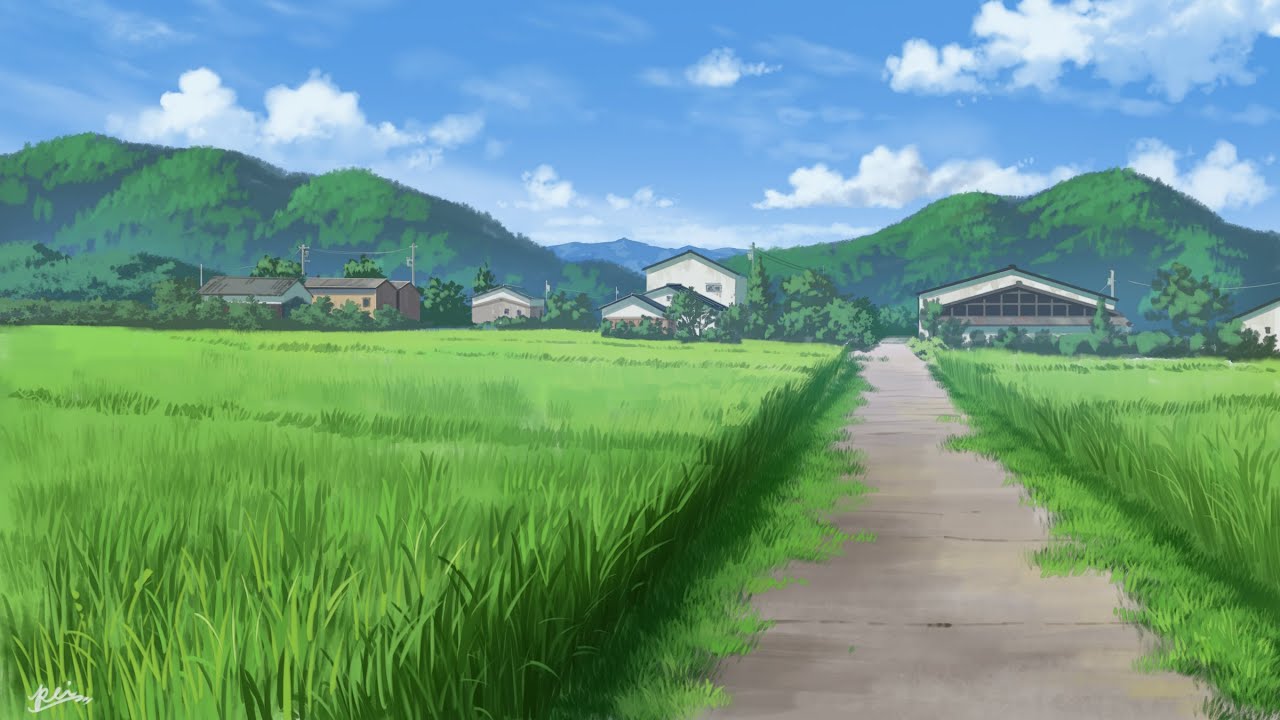 背景メイキング配信 田舎の田んぼ道を描きました　anime background painting live
