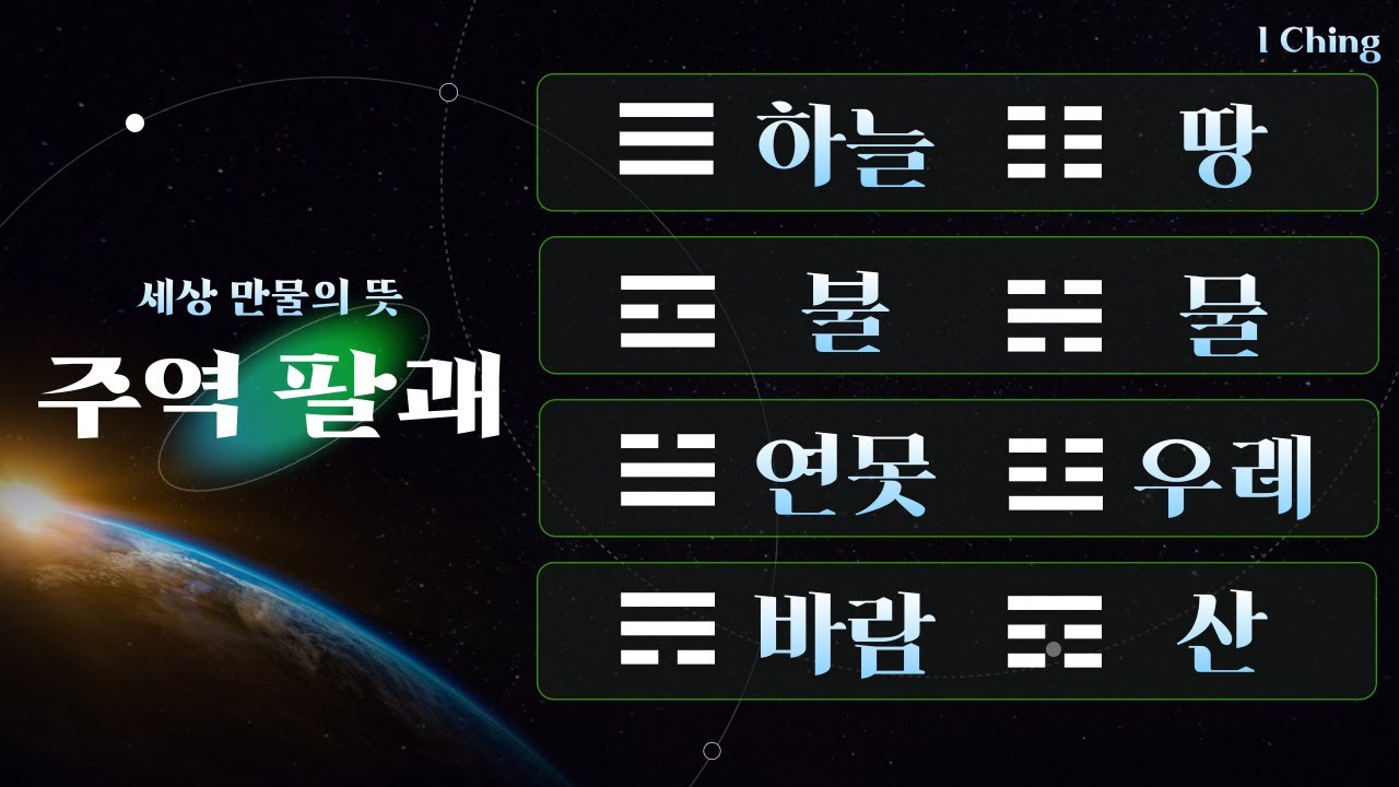 (Eng)주역 팔괘 : 하늘, 땅, 불, 물, 연못, 우레, 바람, 산