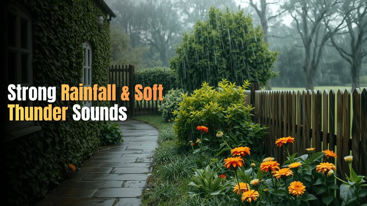 Strong Rainfall & Soft Thunder Sounds in a Peaceful Cottage Garden 🌩️ Relaxing Nature Ambience