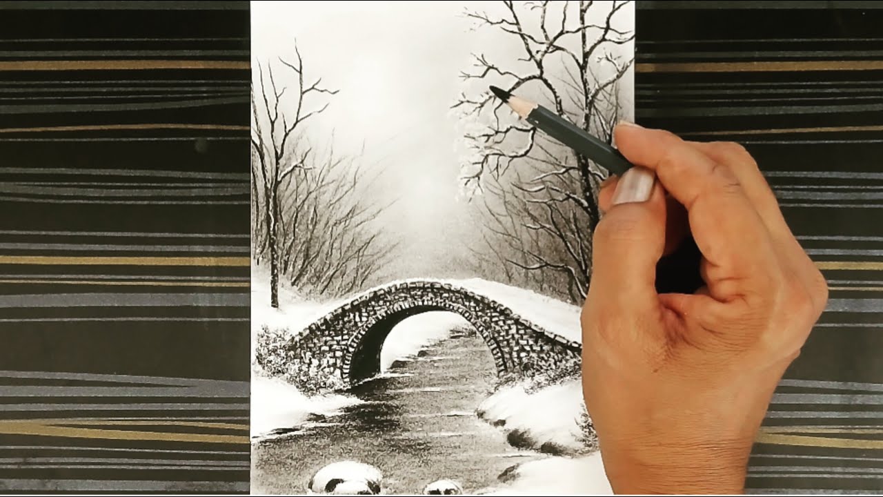 Winter landscape bridge snowy nature drawing by charcoal pencil.