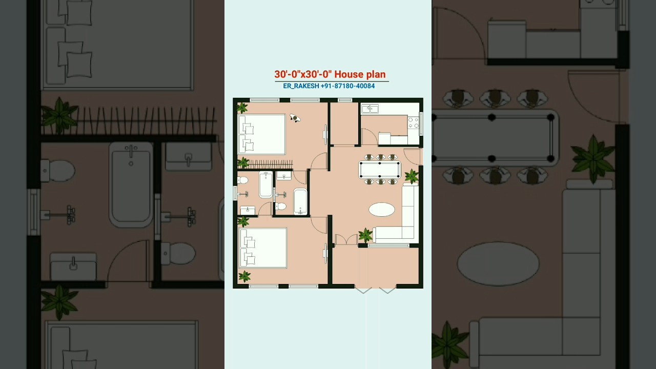 30x30 house plan 2bhk 30 by 30, 30*30 