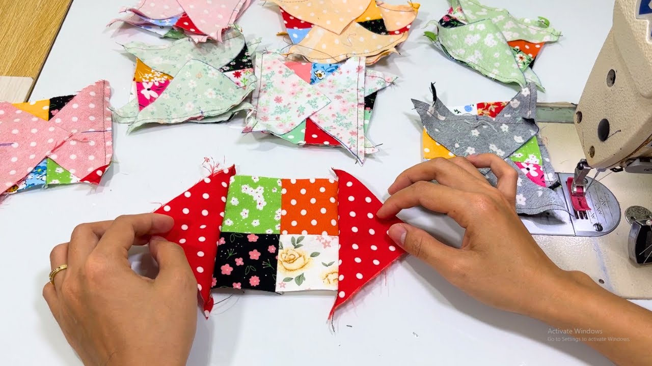 I sew a Beautiful and Easy Blanket from Small Squares Colorful Fabric