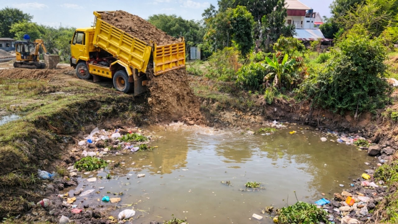 Completed 100% Small POND Deleting by Mini Bulldozer Pushing Dirt and Dump Truck 5-T Unloading Soils