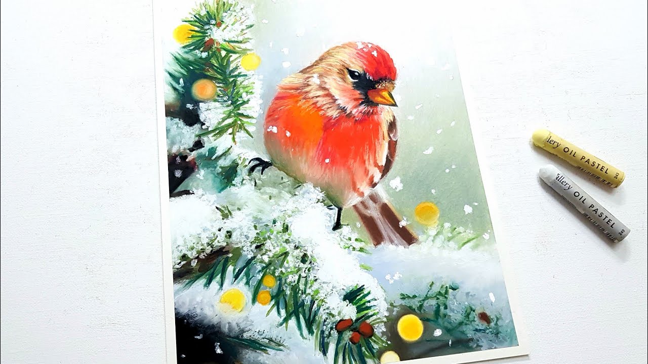 Oil pastel drawing winter scenery | Drawing a Bird on a Snowy day | 오일파스텔