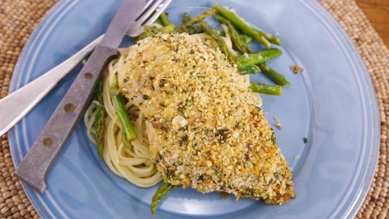 Baked Chicken with Dijon and Nutty Breadcrumbs + Lemon-Chile Linguine with Asparagus