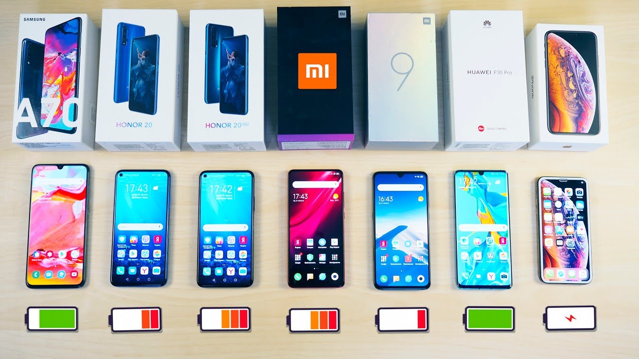 КТО ДОЛЬШЕ? Xiaomi Mi 9T Pro, Mi 9, Honor 20, 20 Pro, iPhone XS, Samsung Galaxy A70, Huawei P30 Pro