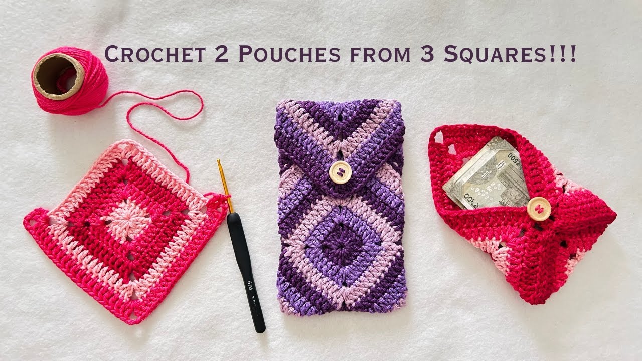 CROCHET 2 Different Pouches From JUST 3 SQUARES!! Crochet Mobile Cover for Beginners