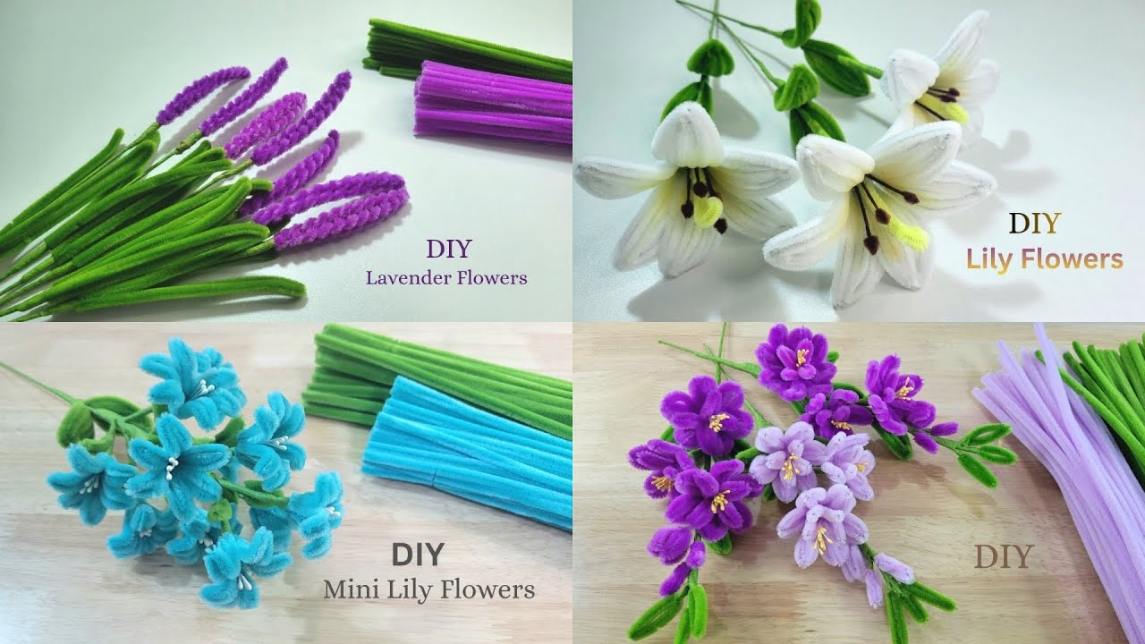 DIY Handmade! 4 flowers easy to make for everyone from pipe cleaner. Tutorial tips.