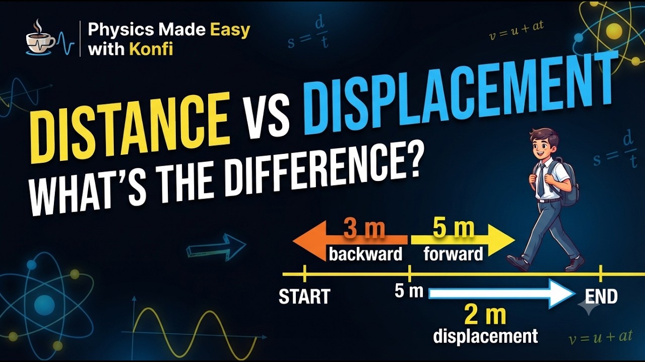 Distance vs Displacement   Physics Made Easy with Konfi/ What's the Difference / Physics Made Easy