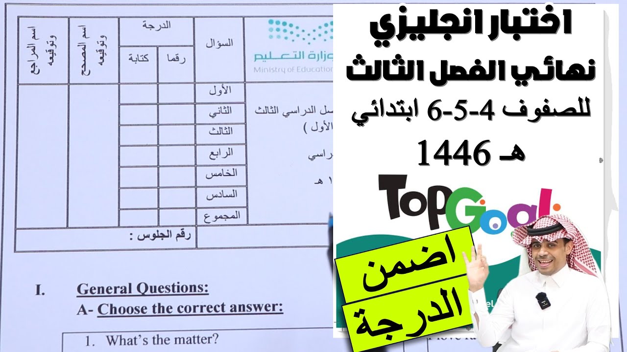 اختبار انجليزي نهائي رابع خامس سادس ابتدائي الفصل الثالث منهج Top Goal1 عام 1446هـ