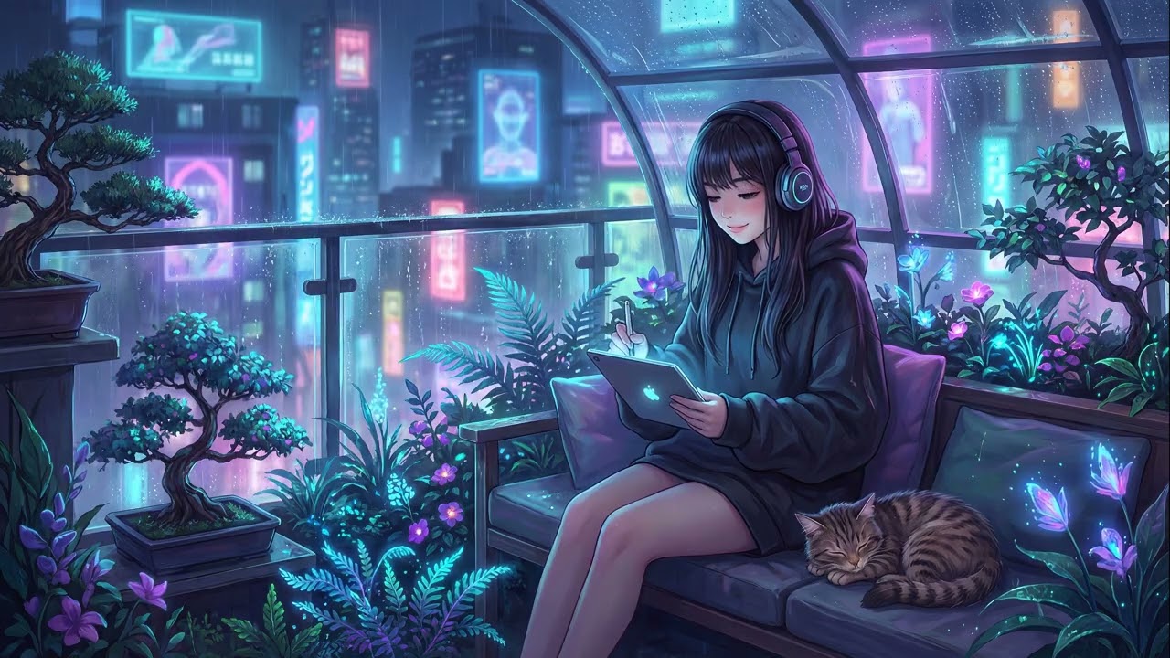 Cozy Cyberpunk Rooftop Journal Session 🌃✨ | Rainy Night Lofi Chill