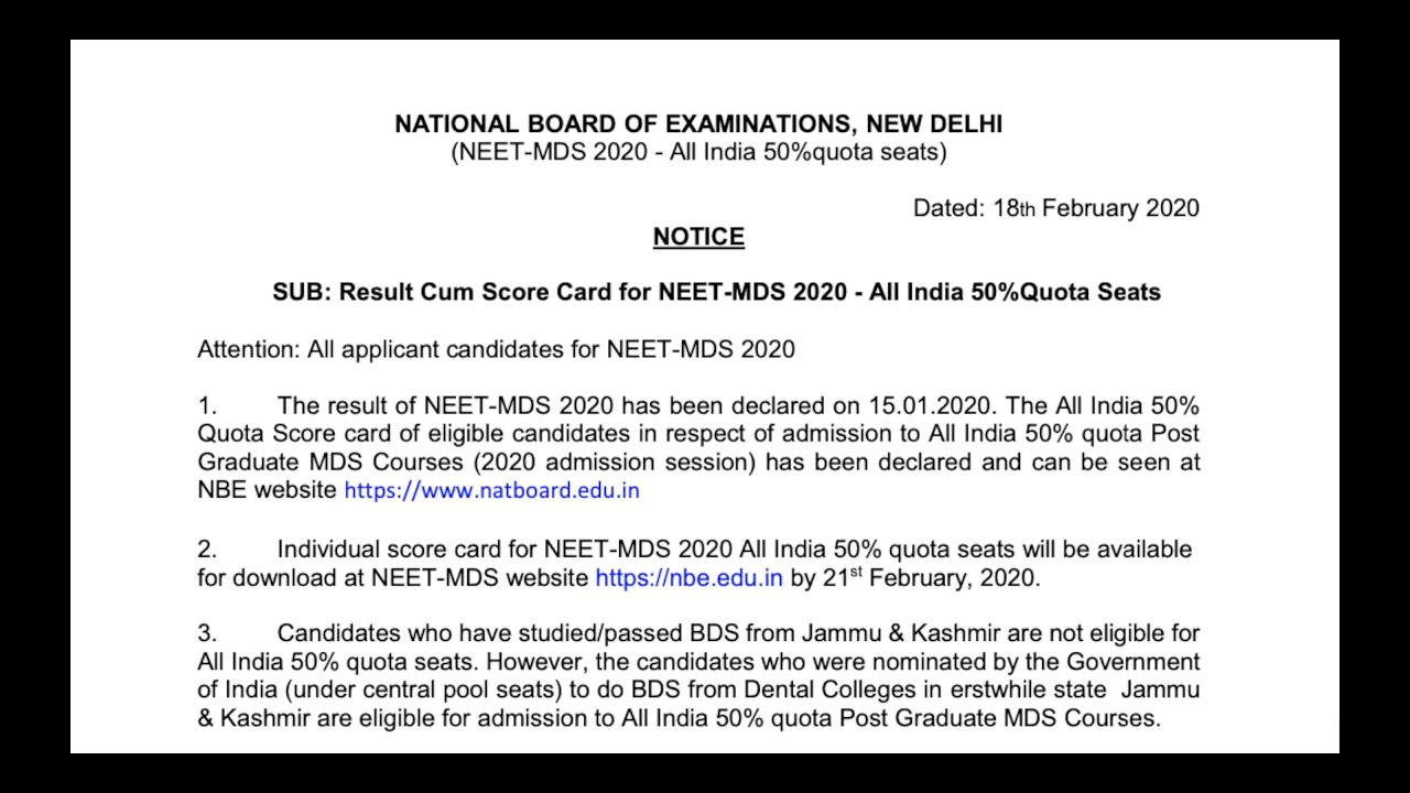 Result Cum Score Card - AIQ 50% Quota NEET-MDS 2020 | What You Need To Know