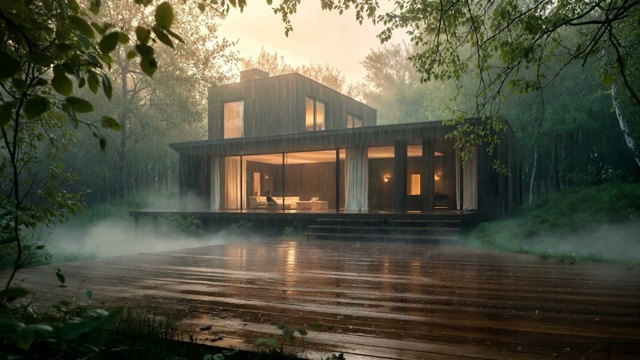 Tranquil Rainfall in Spring Forest | Cozy Modern House Ambience for Sleep, Study & Meditation