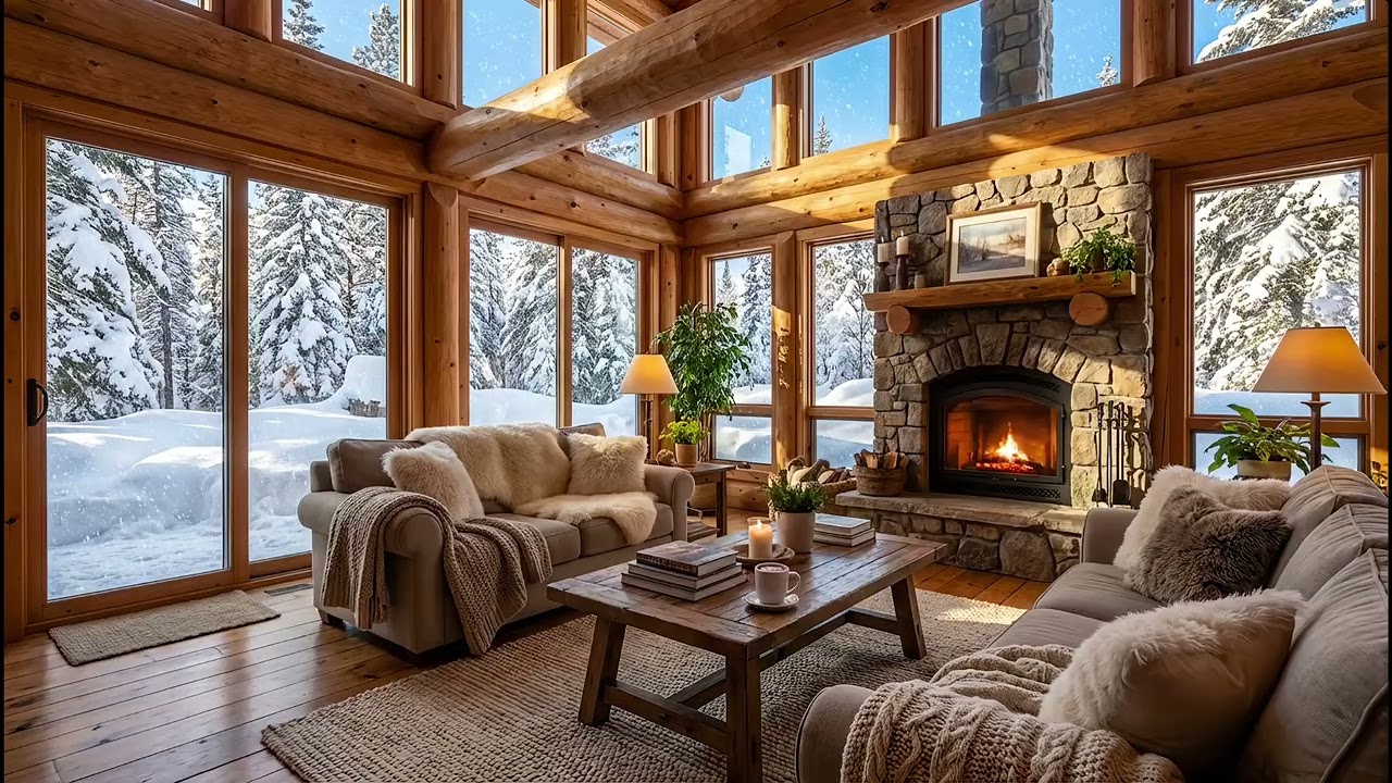 Cozy Winter Snowfall Ambiance | Gentle Jazz Music and Crackling Fireplace | 4 Hours