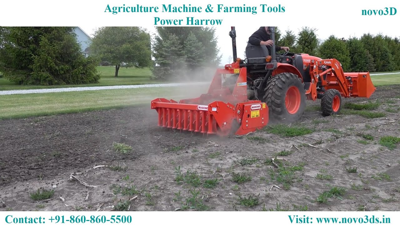 Power harrow cultivator with planting seeds over field