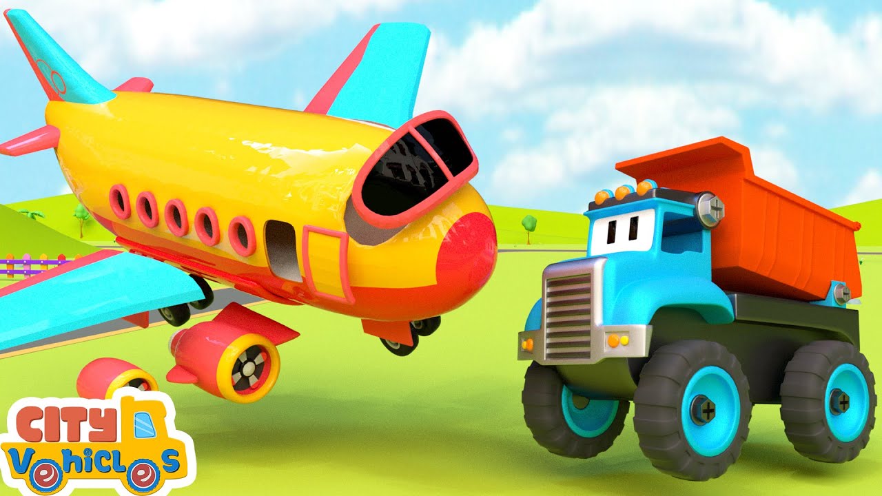 Construction vehicles build wind turbines-crane truck, Excavator, dump truck and tractor for Kids.
