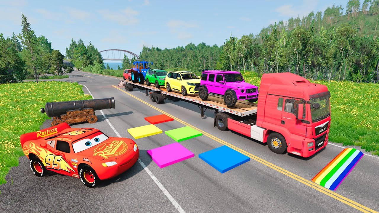 Flatbed Truck McQueen /Transportation with Truck - Pothole vs Car #045 / BeamNG.Drive Gameplay