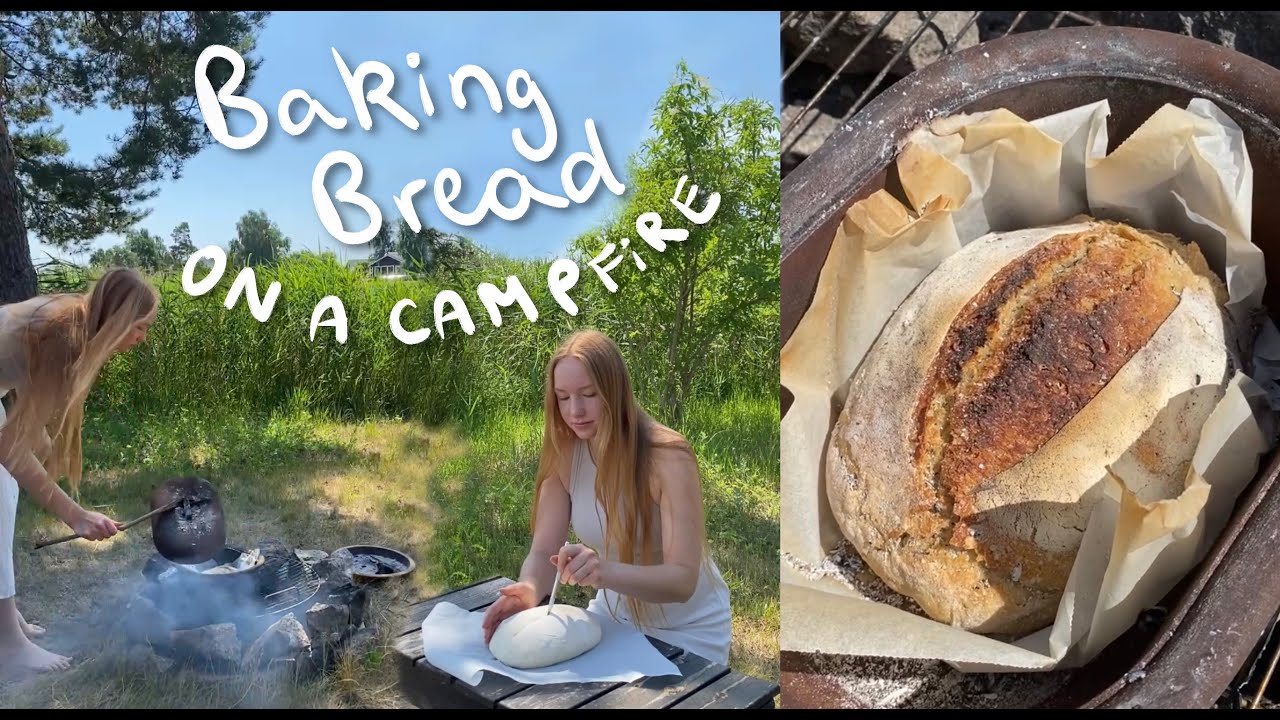 BAKING BREAD on a CAMPFIRE:  Homemade sourdough homestead style, Outdoor camp cooking, ASMR cooking