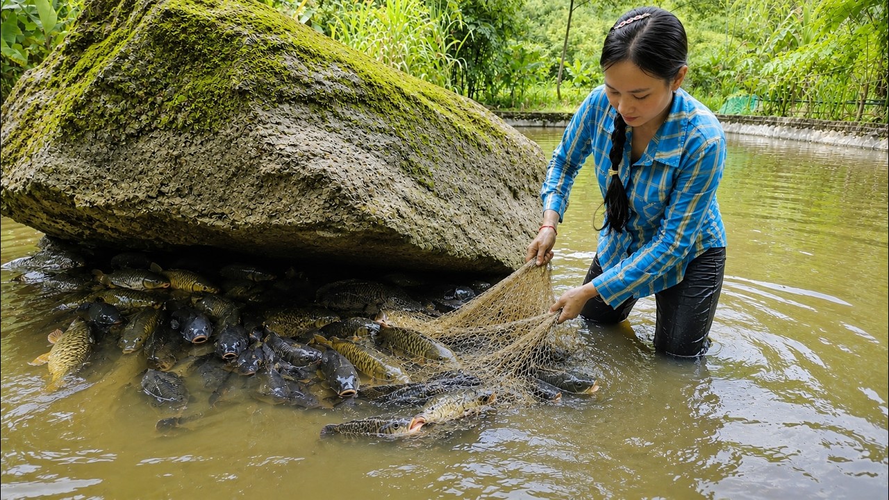 Catching a Huge Haul of Fish by Hand to Sell at the Village Market