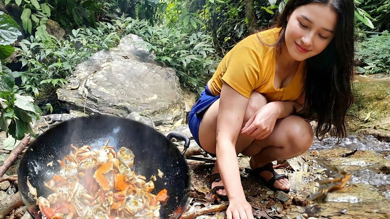 Cómo hacer curry de cangrejo, pesca de cangrejos, captura de cangrejos, cocina en el bosque