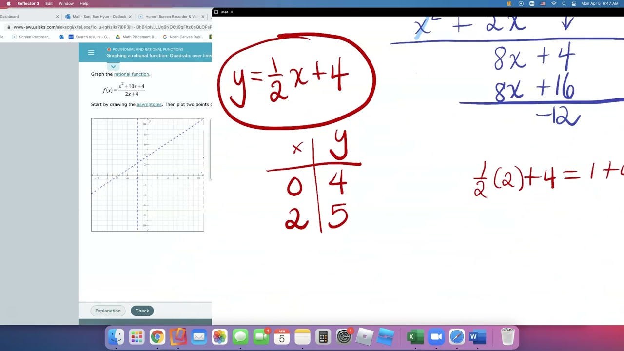 ALEKS Graphing a Rational Function: Quadratic over Linear
