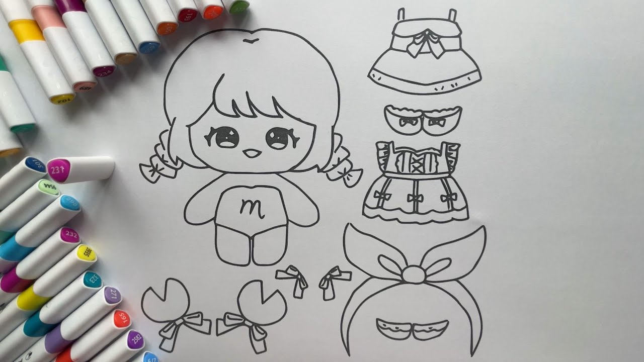 Tranh tô màu búp bê giấy Kawaii cho bé - How to Color Kawaii Paper Doll Coloring pages for kids