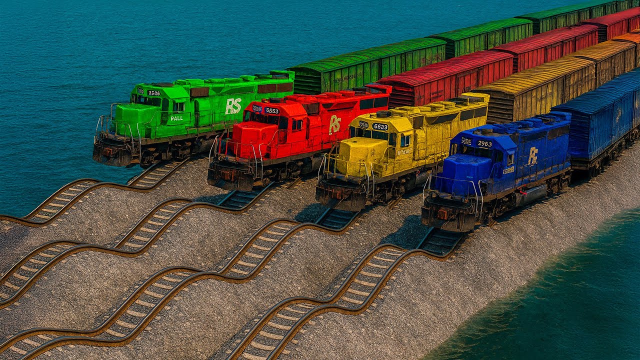 Quadruple Colorful Trains Vs Wavy Impossible Weird Rails Tracks Crossing Deepwater | BeamNG.drive