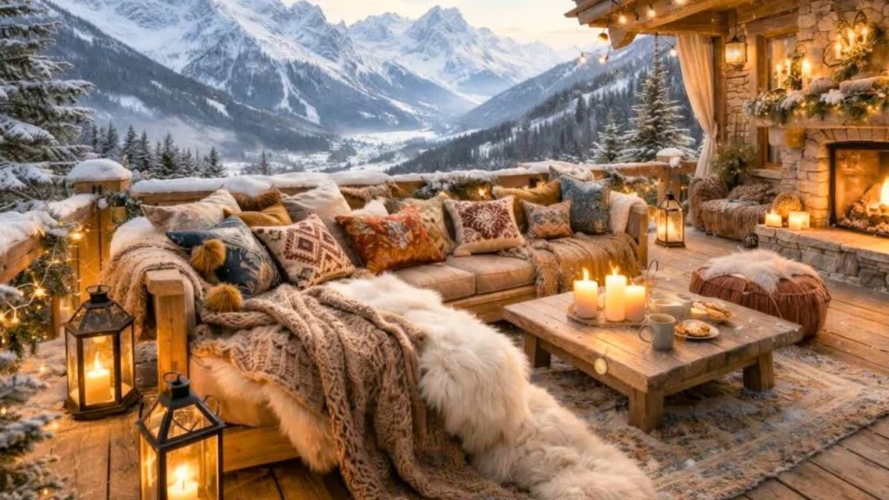 Winter Fireplace Ambience in Snowy Mountain Cabin | Soft Piano Evening