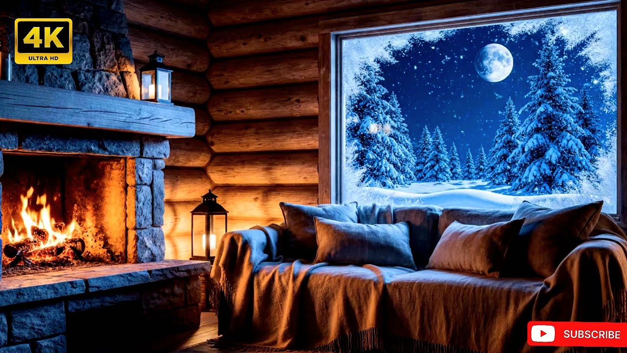 4K INSTANT SLEEP in Cozy Cabin with Smooth piano Jazz🎶 + Fireplace 🔥 Winter Ambience ❄️
