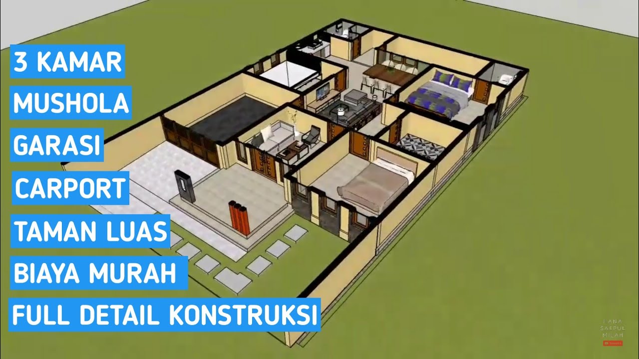 DESAIN RUMAH LEBAR 10 METER 3 KAMAR TIDUR MUSHOLA GARASI DAN CARPORT