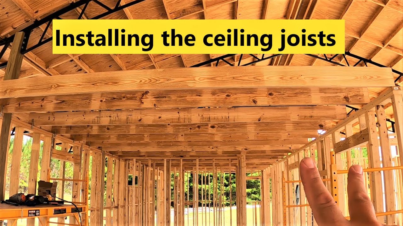 Pole barn house ceiling joists install! #354 #barndo #barndominium