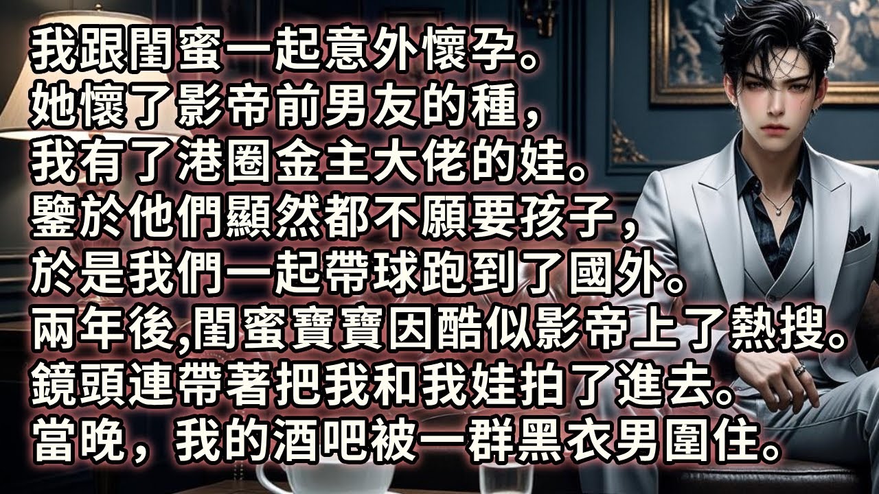 我跟閨蜜一起意外懷孕。她懷了影帝前男友的種，我有了港圈大佬的娃。他們都不願要孩子，於是我們起跑到了國外。兩年後，閨蜜寶寶因為酷似影帝上了熱搜。連帶著把我和我娃拍了進去。當晚，我的酒吧被一群黑衣男圍住。