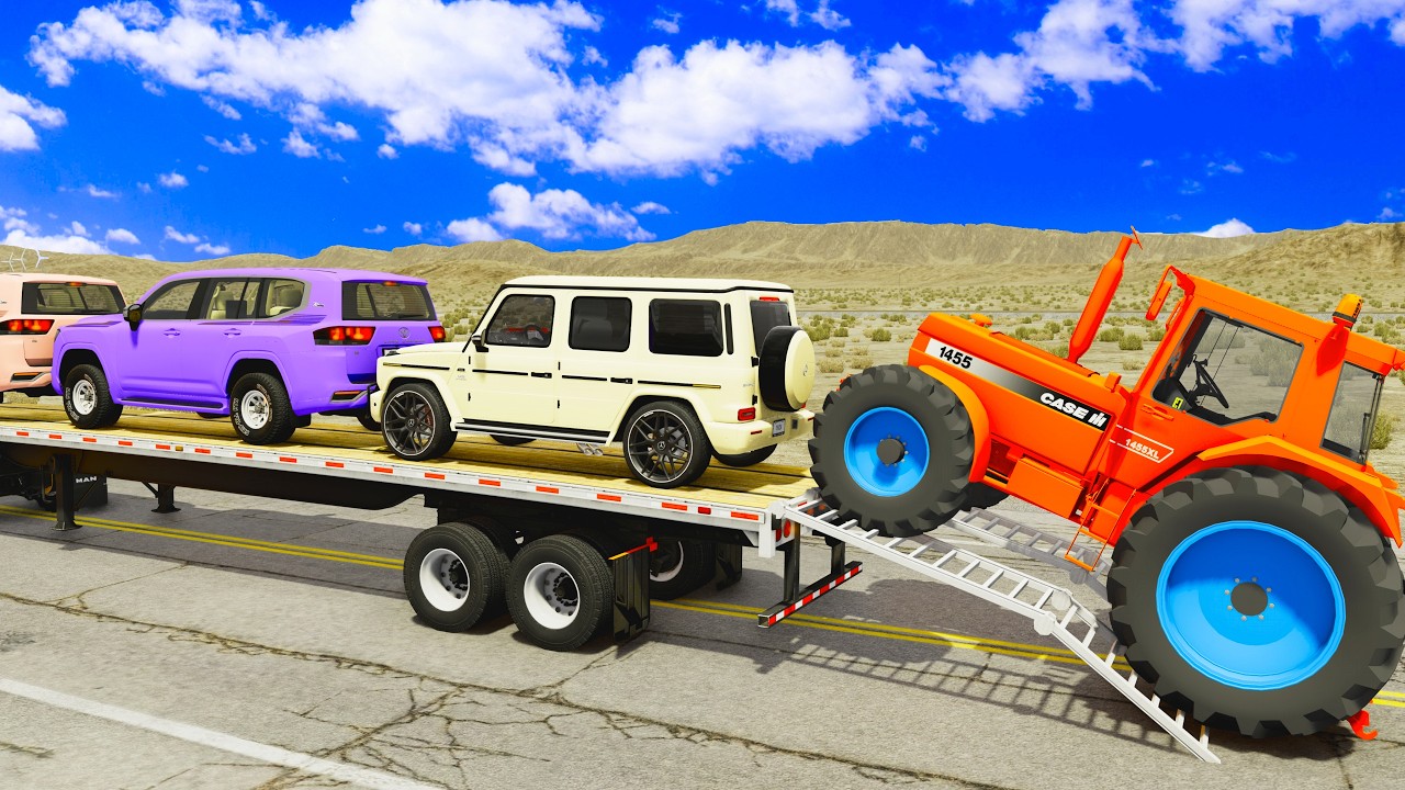 TRANSPORTING PIXAR CARS & FRUITS WITH COLORED & JOHN DEERE vs CLAAS vs TRACTORS - BeamNG.drive#005