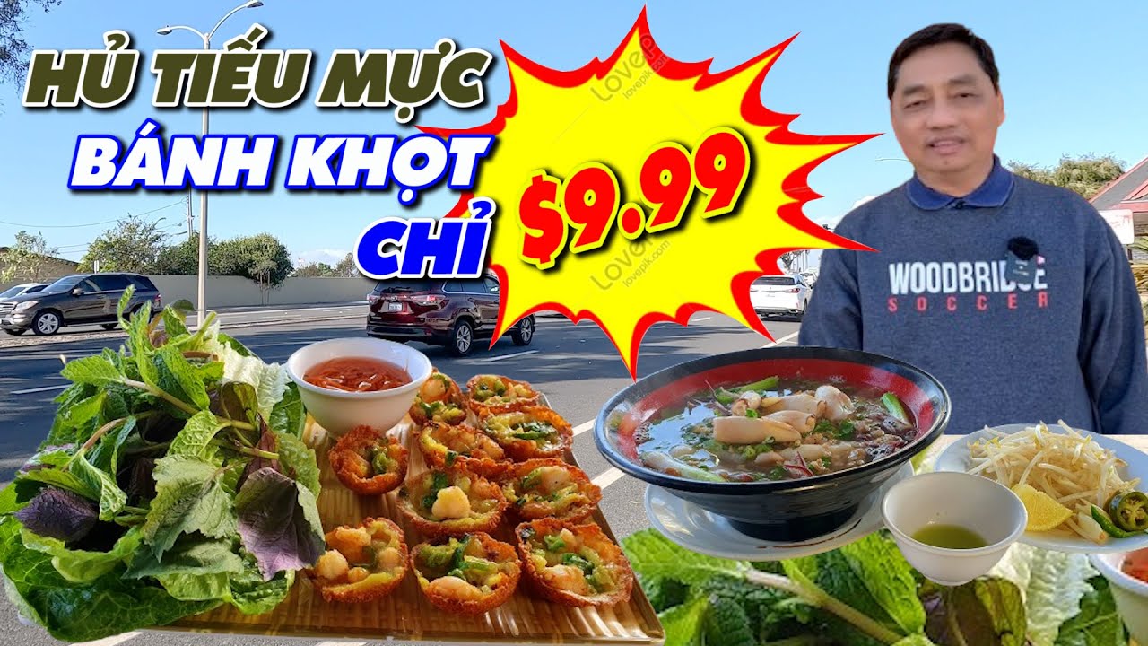 Menu $9.99 hấp dẫn với các món Hủ tiếu mực sữa, Bánh Khọt Trà Vinh. Quán sân vườn cà phê sáng