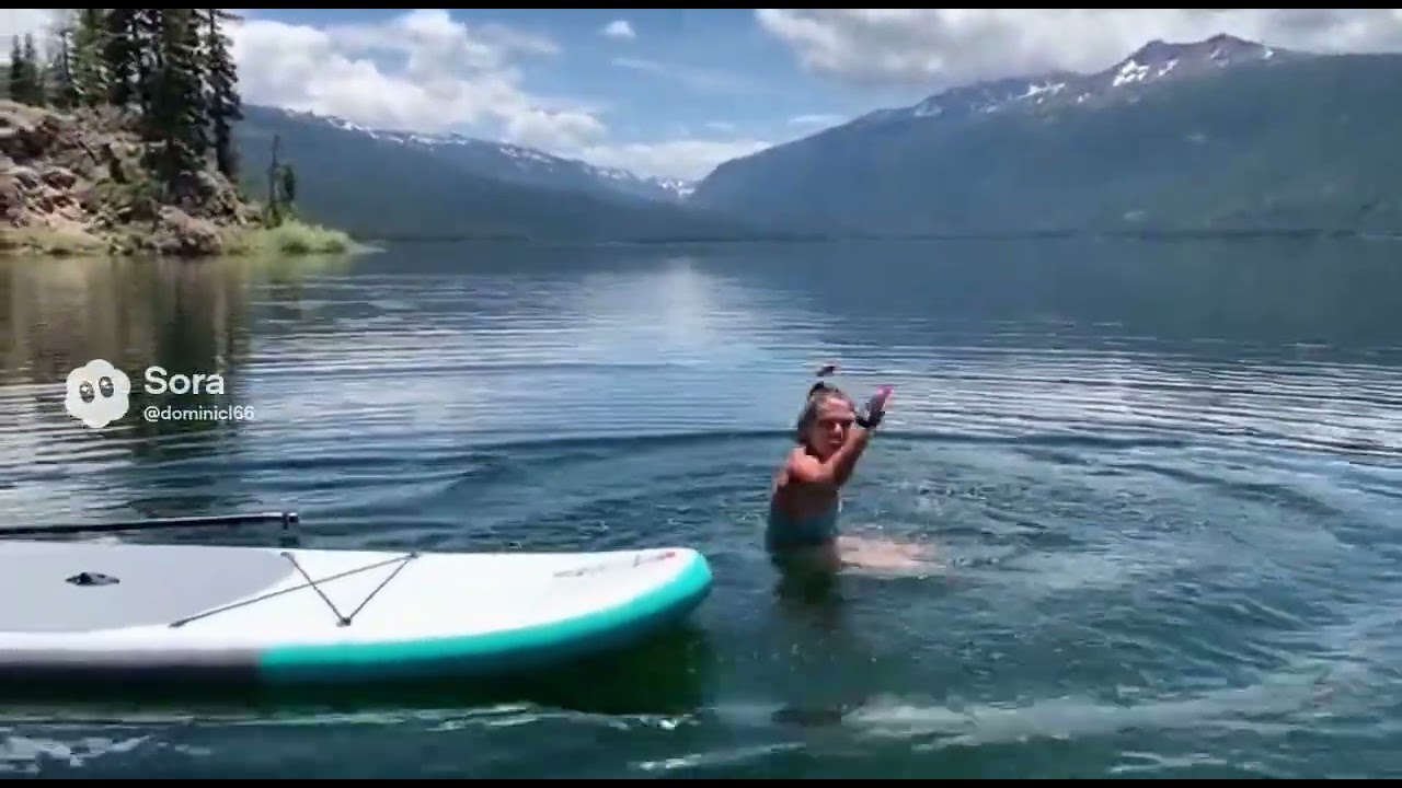 A woman does a backflip on a paddleboard