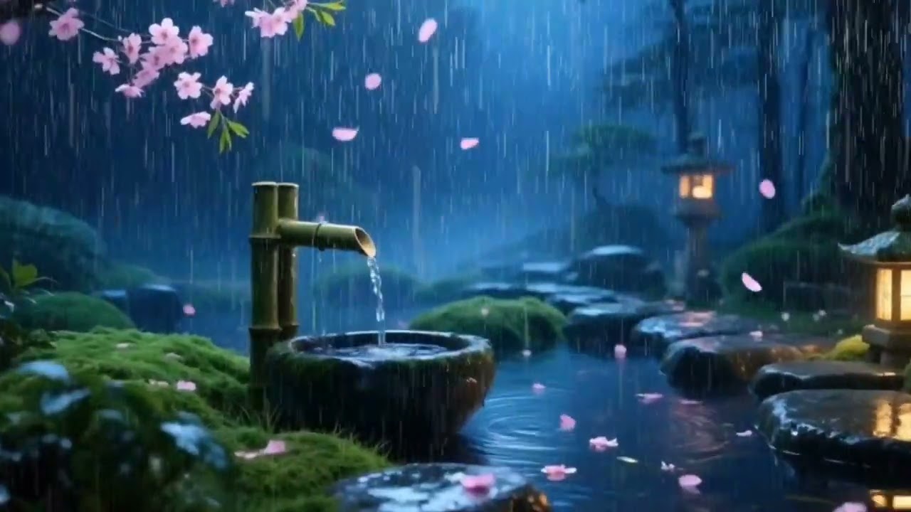 Moderate Night Rain and Piano in a Zen Garden | Sleep Aid and Deep Serenity