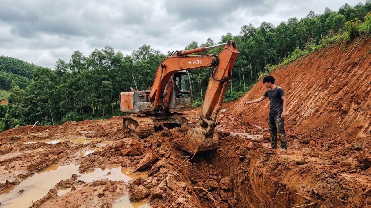 Use An Excavator To Dig Foundations In A Swamp To Build A Stone Fence To Prevent Landslides