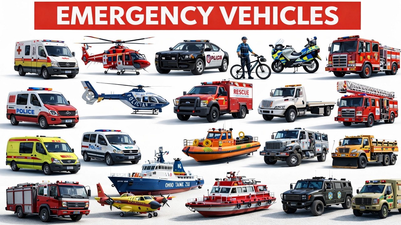 Emergency Vehicles for Kids | Police Car, Fire Truck, Rescue Trucks and Ambulance | Learning Video