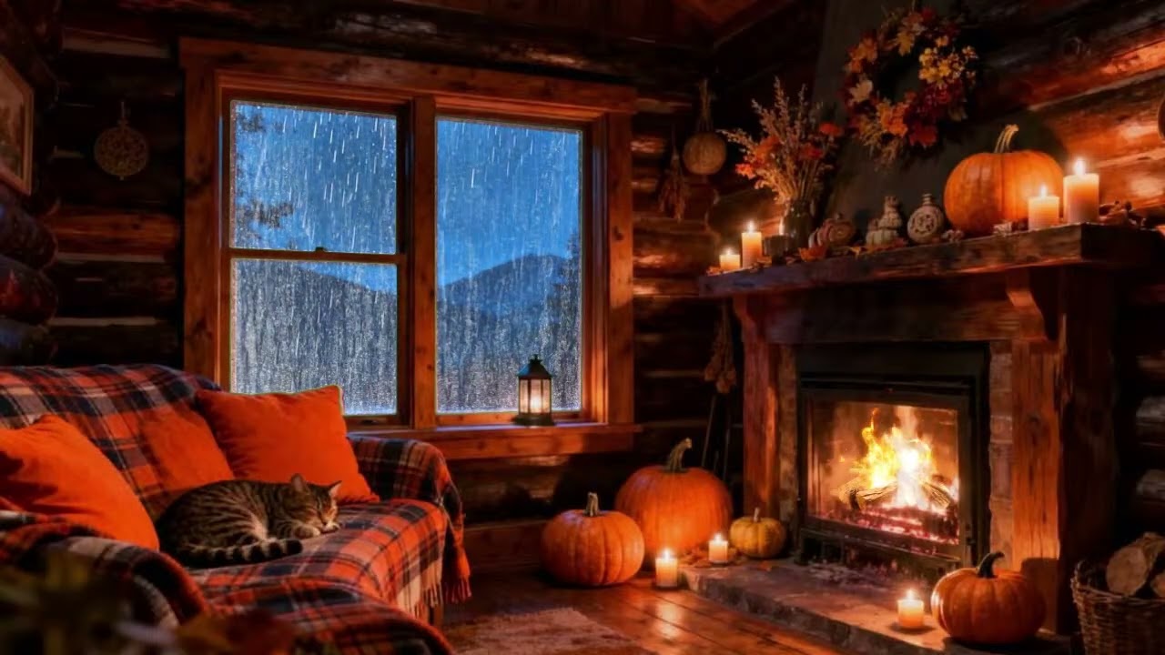Cozy Cabin Ambience - Rain and Fireplace Sounds for Peaceful Relax