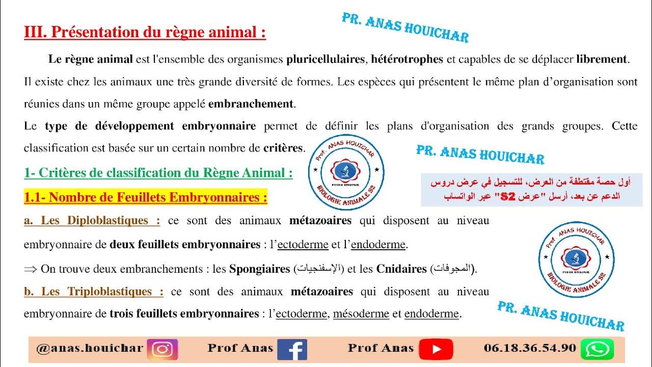 Biologie Animale BCG S2 / Chapitre I (Partie 3) : Présentation du Règne Animal شرح بالدارجة