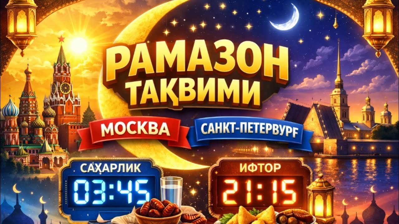 Рамадан 2026, Москва и Санкт-Петербург | Время сухура и ифтара | Календарь Рамадана 2026