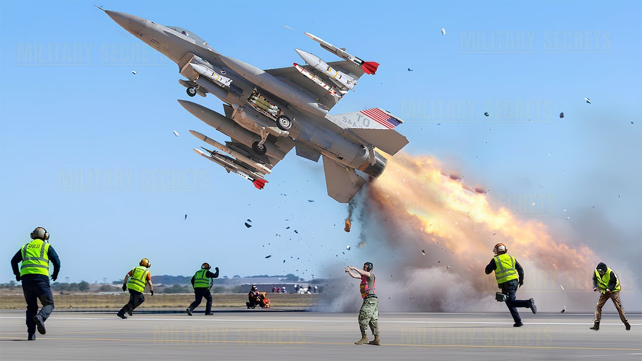 Женщина-пилот истребителя F-16 ВВС США взлетает на высокой скорости