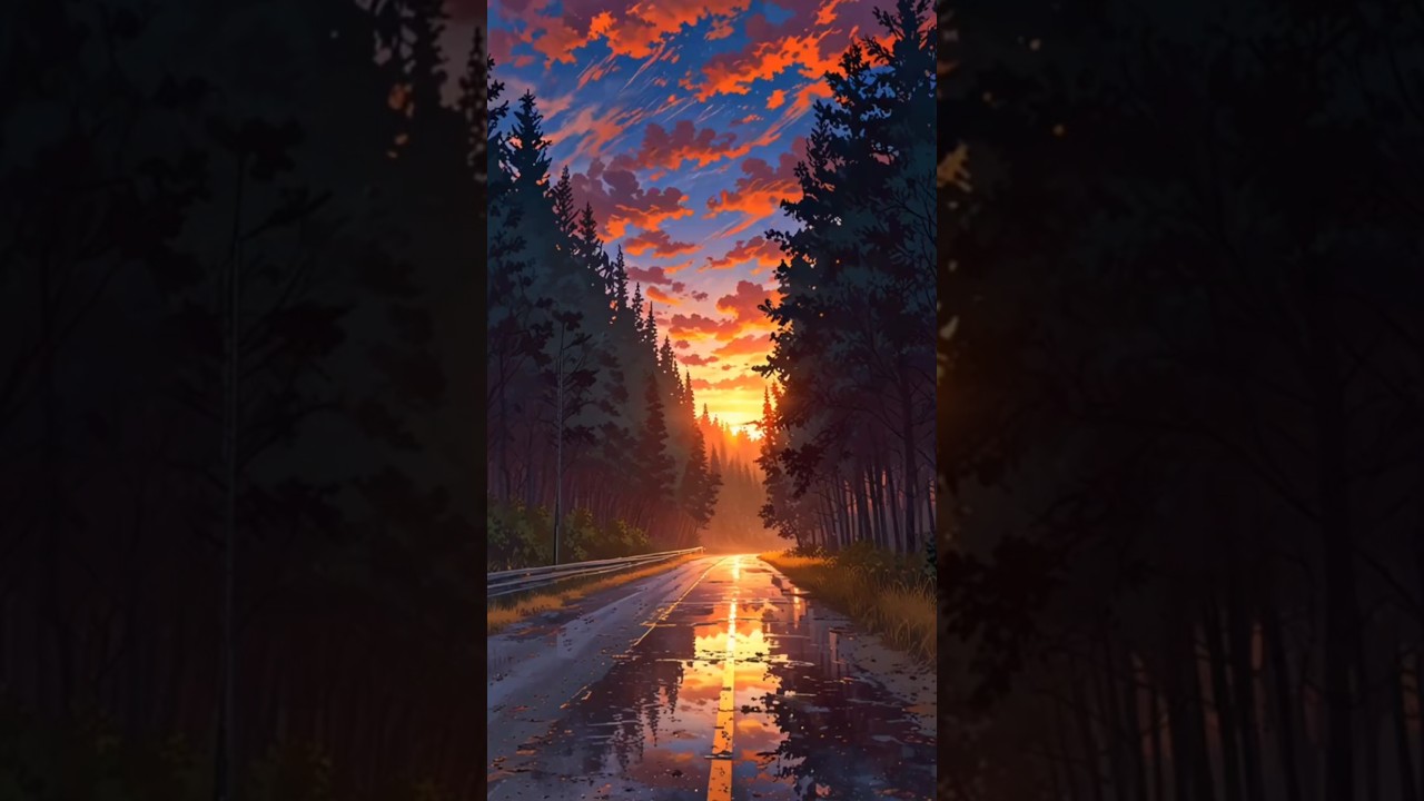 Stunning Sunset Forest Road | Wet Road| Beautiful Sunset Drive | Forest Rainy Scenery #anime #ai